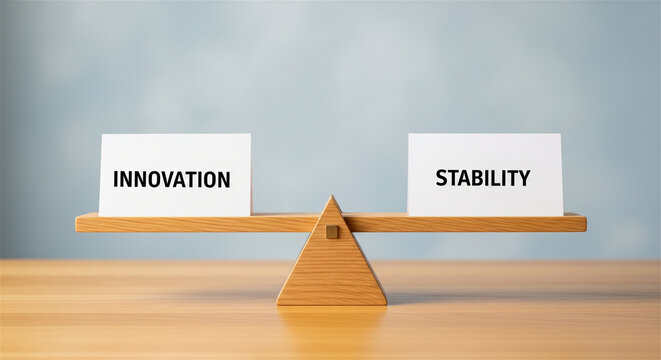 Innovation and Stability balance on wooden seesaw, corporate strategy concept, business equilibrium between change and consistency