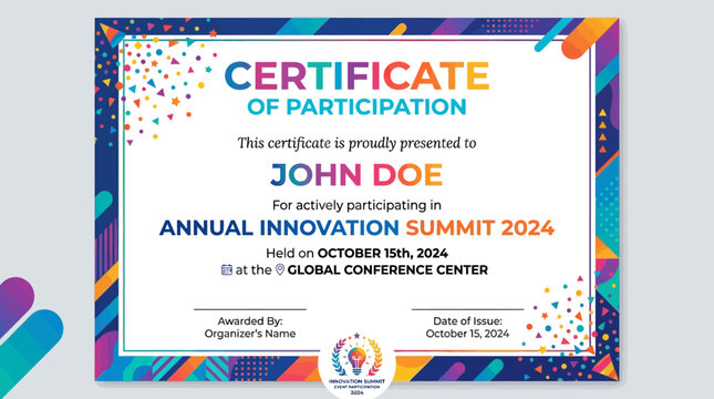 Certificate of Participation Award for Annual Innovation Summit 2024 with Festive Border