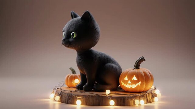 Cute 3D black cat sitting on a small wooden platform with tiny pumpkins and warm fairy lights. Halloween theme with ghost