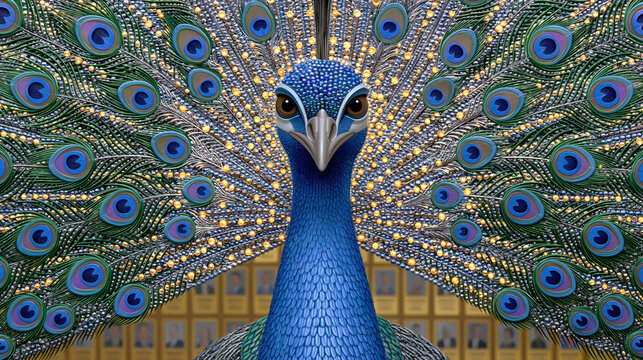 Dramatic Frontal Peacock Display with Hypnotic Eye-Spot Feathers in Surreal Art