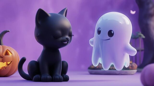 Cute 3D black cat sitting on a small wooden platform with tiny pumpkins and warm fairy lights. Halloween theme with ghost