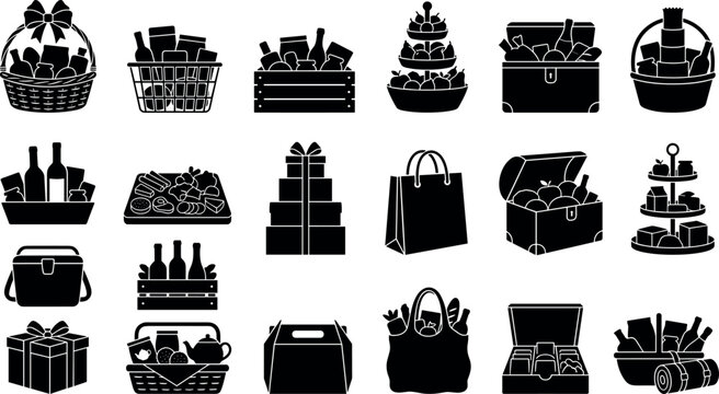 Gift hamper and picnic basket silhouettes collection gourmet food boxes and grocery icons set in image_6fe69b.png