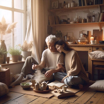 A natural, candid scene of a same-sex couple in their home environment, Ai generated image