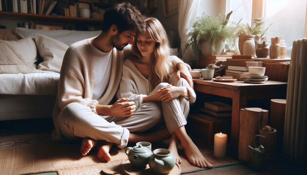 A natural, candid scene of a same-sex couple in their home environment, Ai generated image