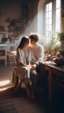 A natural, candid scene of a same-sex couple in their home environment, Ai generated image