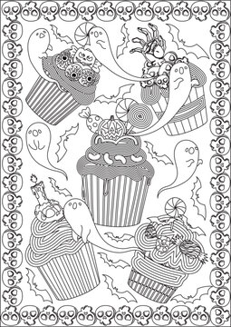coloring page for adult halloween cupcake with ghost line art design