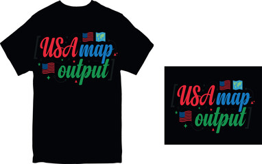 Fototapeta premium USA Map Output Colorful Typography T-Shirt Design with American Flag and Globe Icons in Red, Green, and Blue Apparel