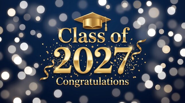 Class of 2027 graduation announcement golden cap and sparkling bokeh background