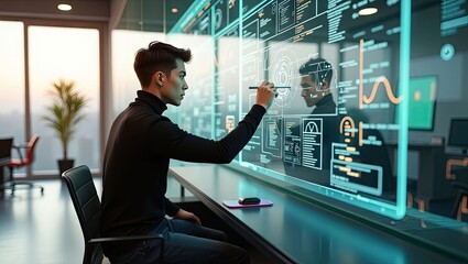 Fototapeta premium Man interacting with modern digital interface in office