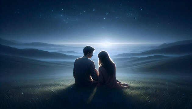 A peaceful and tender scene of a couple sitting close together on a porch step at night, gazing up at a starry sky, Ai generated image