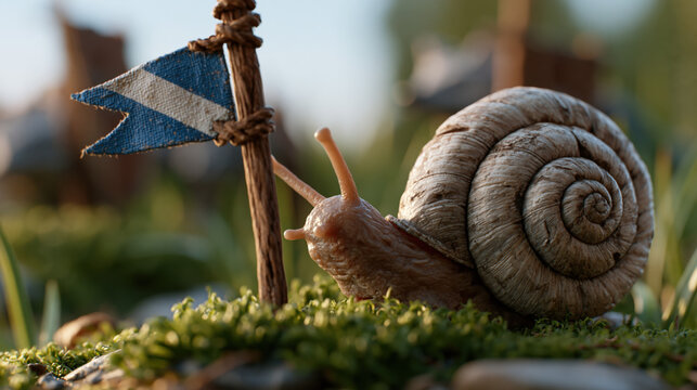 Snail With Shield Emblem on Mossy Ground Satirizes Cold Email Sales Resistance
