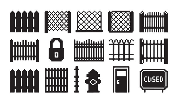 Collection of fence gate padlock and signage icons for security and property maintenance.