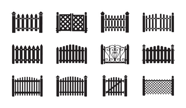 Graphic set of decorative garden fences and metal gates for landscaping projects designs.