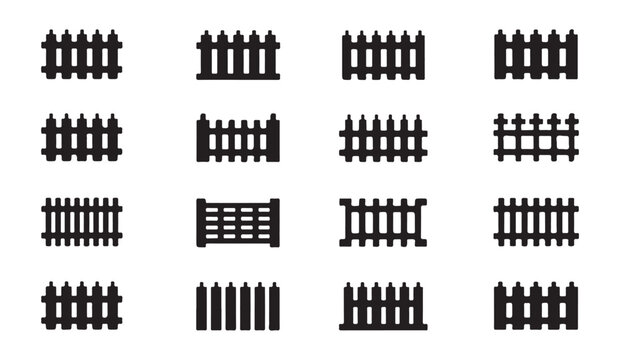 Simple flat vector set of black fence panels and barriers for game and architecture design.