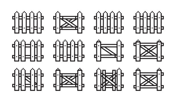 Line art collection of wooden farm fence panels and gated barriers for rustic landscape.