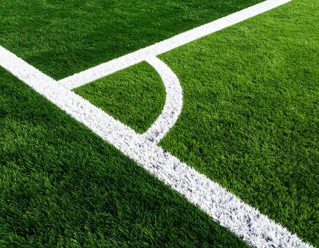 Close-up of a vibrant green field's corner, marked with crisp white lines. The grass texture is detailed
