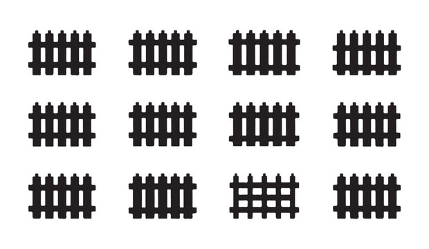 Set of black fence silhouettes, various designs of wooden palisade and picket fences.
