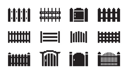 Obraz premium Graphic collection of black solid fence and gate icons for landscape design projects.
