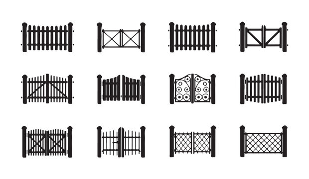 Collection of wooden and metal fence gates for farm rural landscape and house perimeter.