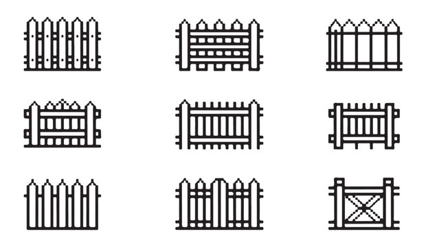 Simple line style fence icons set for garden planning and residential boundary mapping.
