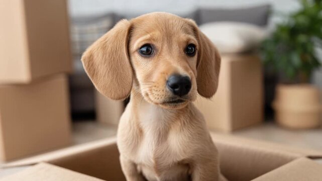 Cute small light brown puppy sitting inside empty cardboard box looking curious and attentive with soft furniture and plant background in cozy home living room setting