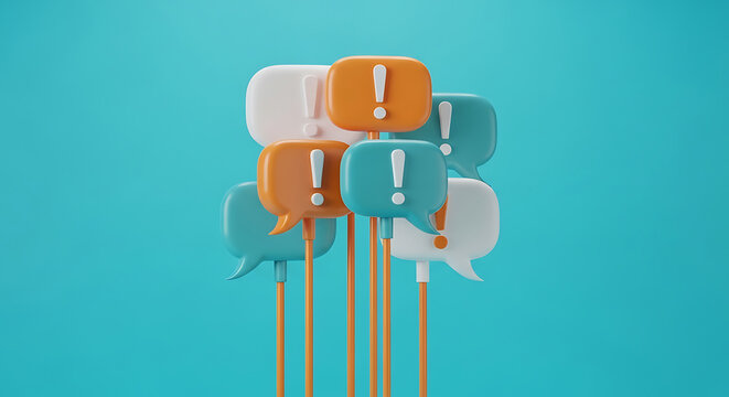 Group of 3D speech bubbles with exclamation marks on sticks against blue background communication notification attention feedback announcement dialogue information important interaction