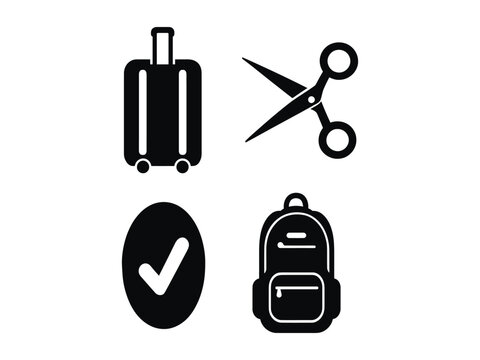 A collection of four black and white icons representing travel essentials a suitcase, scissors, a checkmark, and a backpack, arranged in a 2x2 grid