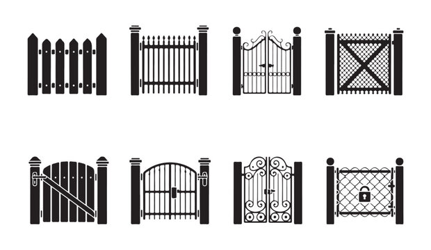 Black silhouette collection of ornate metal gates and secure fencing for garden security.