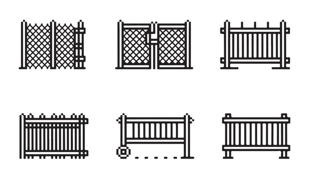 Linear black icon set of industrial security fences and gates with mesh and metal bars.