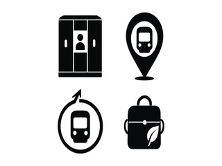 Set of black and white vector icons featuring a passenger booth location pin train route symbol and an eco friendly travel backpack design for transportation and logistics themes © rejaul