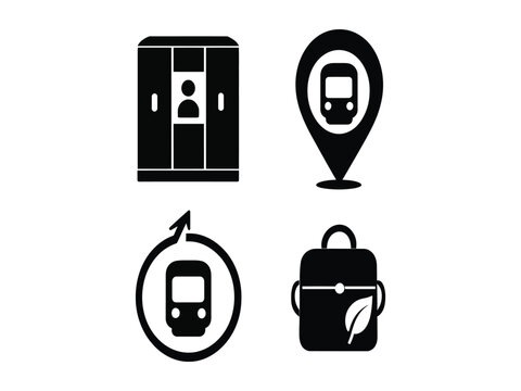 Set of black and white vector icons featuring a passenger booth location pin train route symbol and an eco friendly travel backpack design for transportation and logistics themes