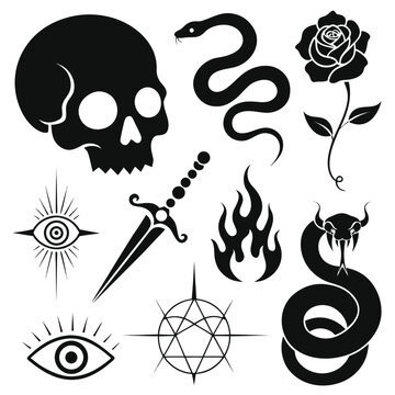 Black tattoo icons with skull, snakes, rose and symbols