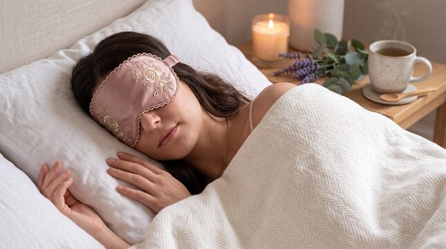 A woman rests peacefully in bed wearing an elegant embroidered silk sleep mask, wrapped in a soft blanket. A lit candle, fresh lavender, and a cup of tea sit on the nightstand nearby, bathed in warm c
