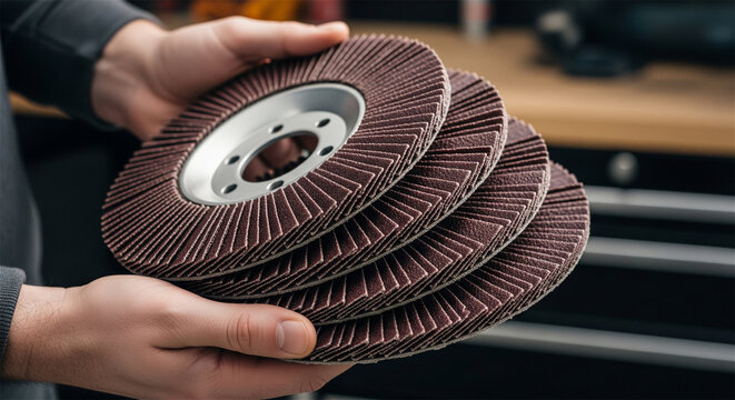 Abrasive flap discs for angle grinder held in hands, industrial sanding wheels for metal polishing, professional grinding tools in workshop