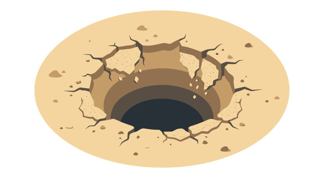 A deep circular sinkhole with cracked edges in a sandy desert landscape.