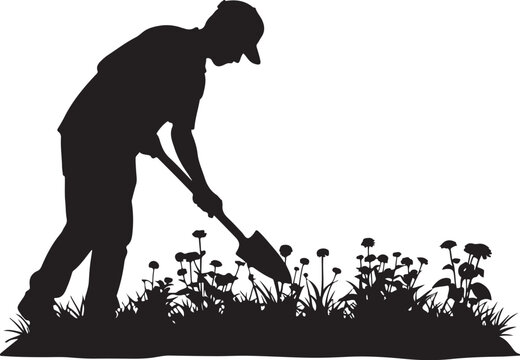 Silhouette of a man digging in a garden with flowers