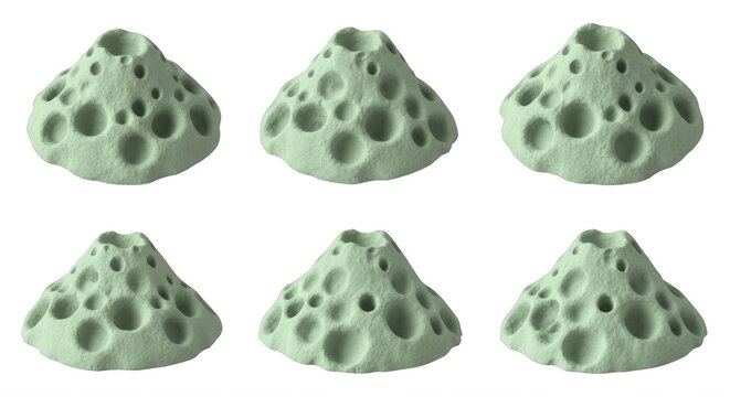 six 3d rendered green textured alien looking rock formations against a plain white background abstract or conceptual design