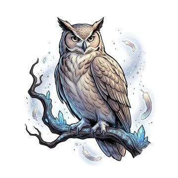 An owl perches on a glowing blue branch with crystals and feathers around.