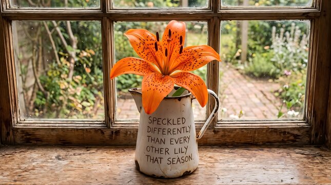 Vibrant Orange Tiger Lily in a Rustic White Enamel Jug with an Inspirational Quote about Individuality on a Wooden Windowsill against a Blurred Garden Background