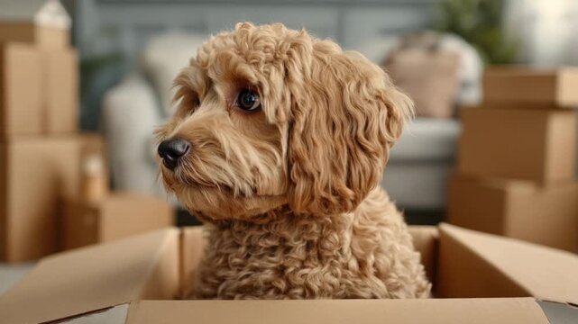 Adorable curly fur small dog sitting inside cardboard box surrounded by other packed boxes at home indoors front view with soft focused background