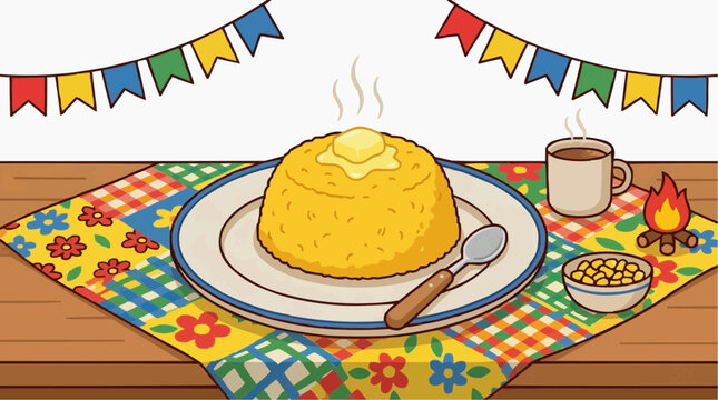 Festive Corn Porridge with Butter and Coffee on a Colorful Tablecloth