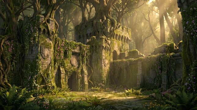 Beautiful sunlit ruins of a medieval stone castle covered in pink flowers and vines in a mystical forest