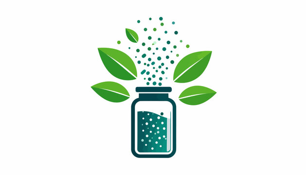 Green botanical ingredient in a jar, illustration of organic powder or seeds with leaves, healthy lifestyle concept