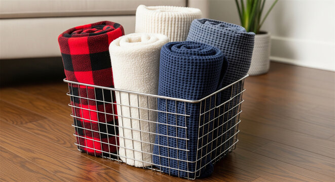Cozy rolled blankets in metal wire basket, soft fleece and knit throw blankets for home organization, warm winter bedding textiles