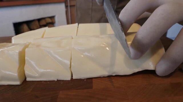 A close-up, high-angle shot showing a chef in white gloves using a stainless steel pizza wheel to slice a large block of mozzarella cheese. The process takes place on a rustic wooden cutting board, hi