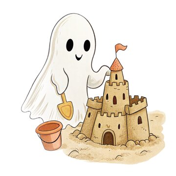 Watercolor illustration of a cute ghost building a sandcastle on the beach.