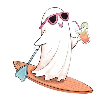Watercolor illustration of a cute ghost paddle boarding with a drink isolated on a white background.