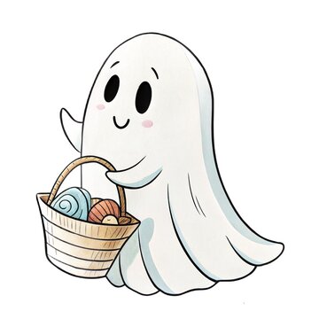 Watercolor illustration of a cute ghost carrying a basket with seashells isolated on a white background.