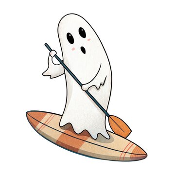 Watercolor illustration of a cute ghost standing on a surfboard paddling isolated on a white background.