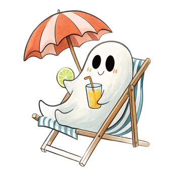 Watercolor illustration of a cute ghost relaxing on a beach chair under an umbrella with a drink isolated on a white background.